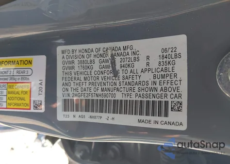 2022 Honda Civic Sport from USA, damaged, VIN 2HGFE2F57NH590700